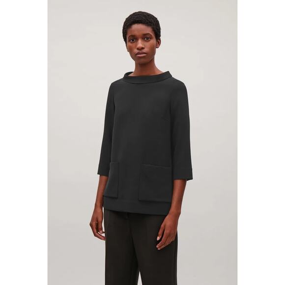 COS Folded Collar Top Size 6 Black Solid Neutral Minimalist Mod 3/4 Sleeves - Picture 1 of 9